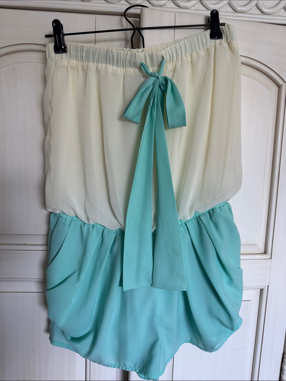 Lucca Couture Cream and Mint Colorblock Mini Skirt with Front Tie